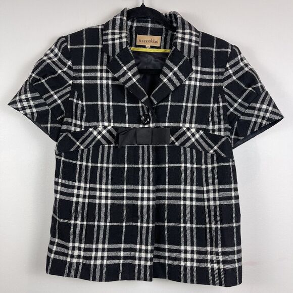 Manoukian Cropped Jacket Women Sz 8 Black Plaid Buttons Bow Preppy Academia Twee - Picture 1 of 11